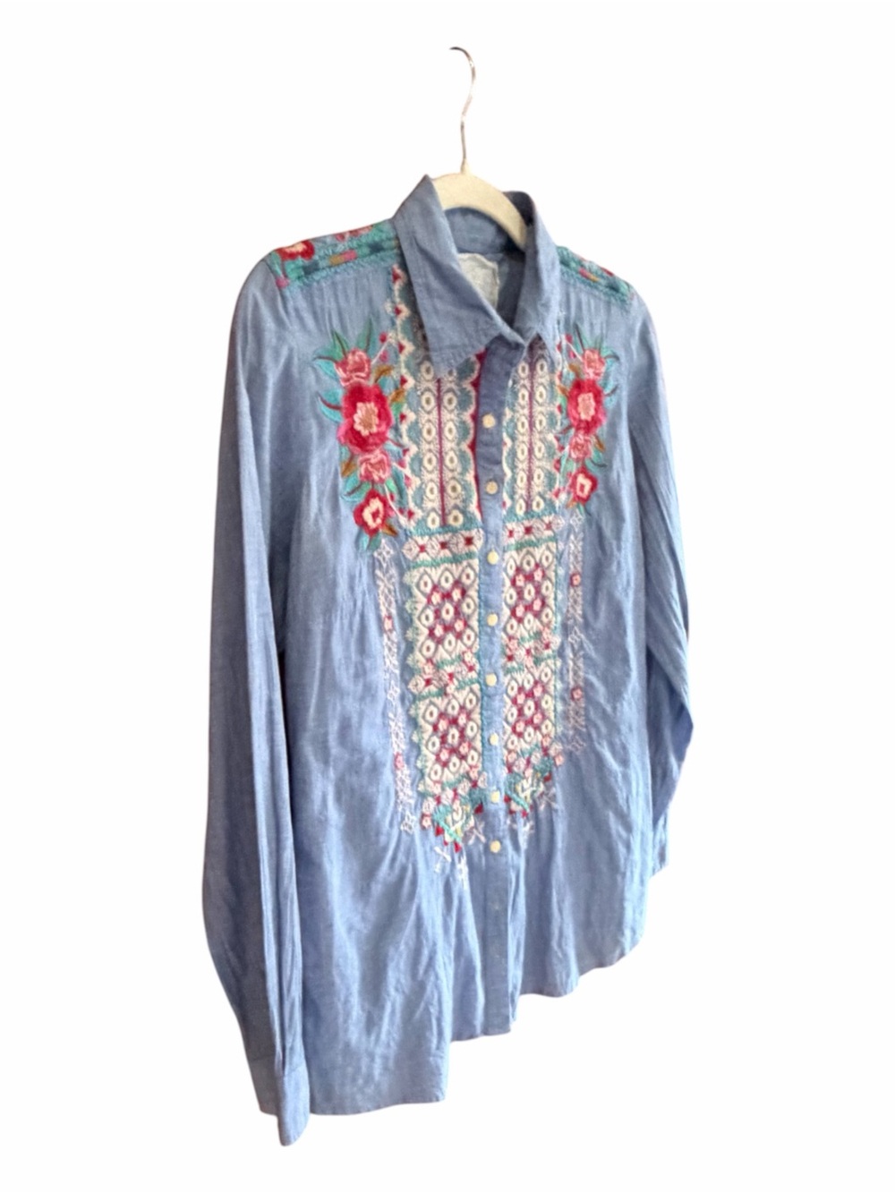 JOHNNY WAS Embroidered Button Down Chambray Shirt Back Buttons XS - Picture 4 of 11